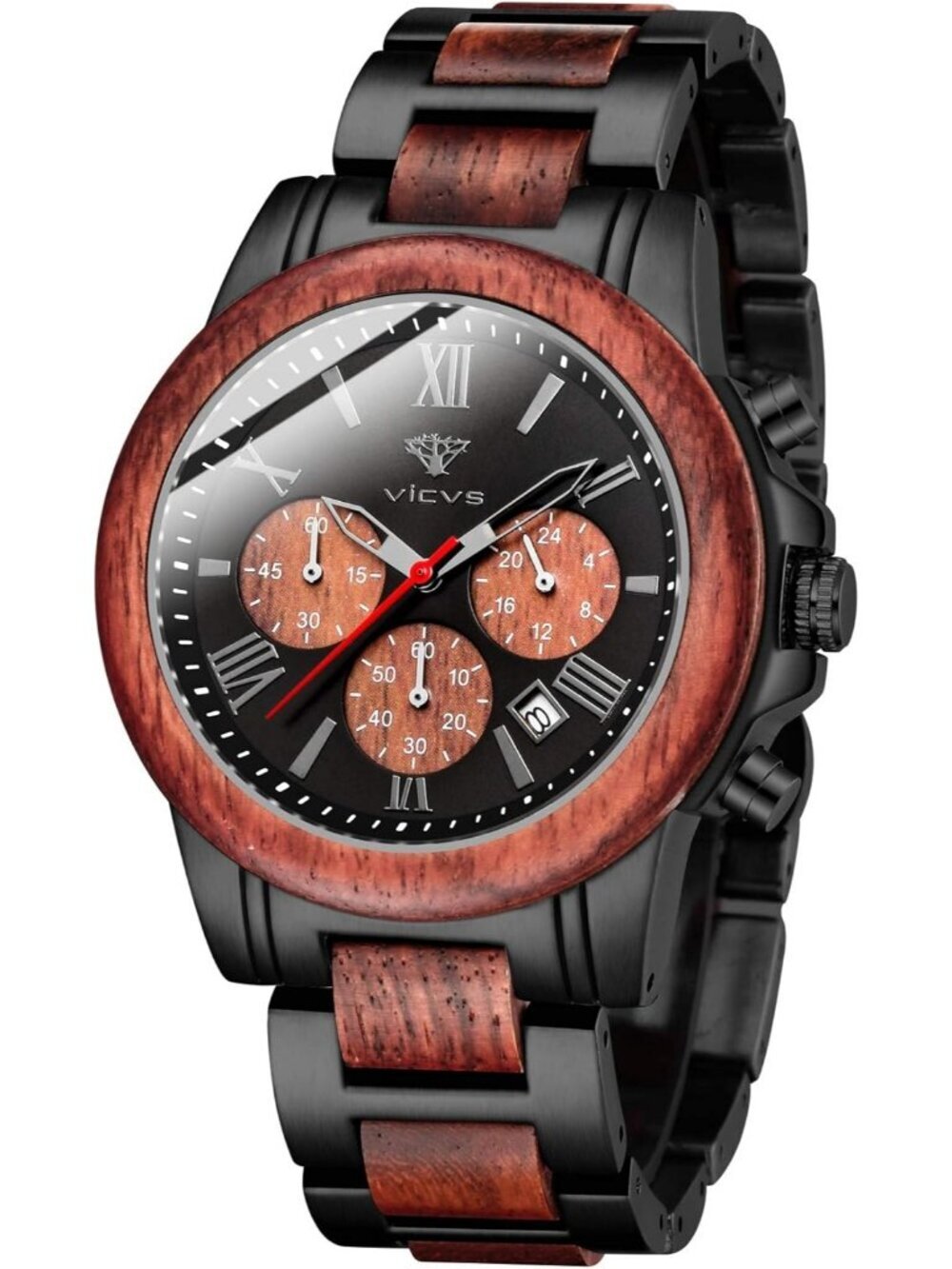 Men's Black Red Stainless Steel Chronograph Solid Multifunctional Wooden Watch